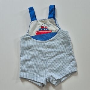 Vintage Jon Jon Overalls Blue and White Striped Kids Overalls Embroidered Boat